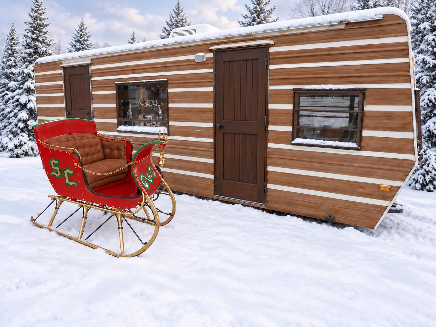 Angled snowy view of Santa Skip's mobile cabin with dark-brown doors and the cushioned red-and-gold sleigh