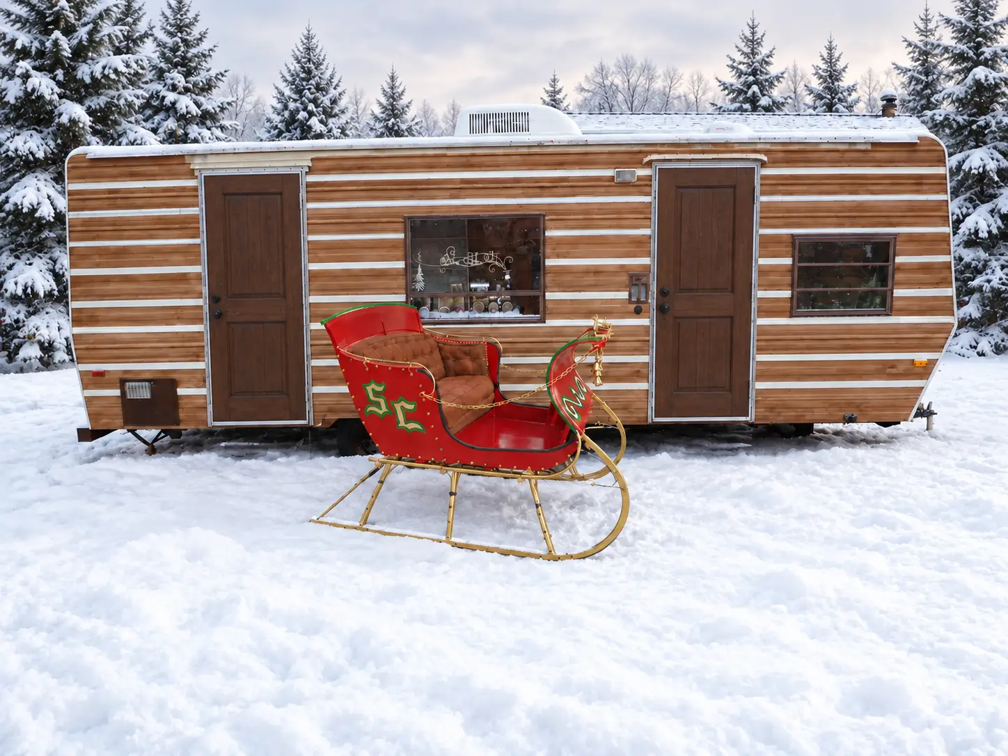 Front view of Santa Skip's mobile cabin with dark-brown doors and the red-and-gold sleigh in a snowy evergreen setting